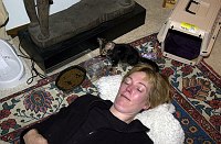 Mowgli with Leslie's friend, Pam, at home on his first day. 