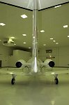 Tail shot of the Eclipse 500, May 2002.  Note the sharp tapering of the aft fuselage and tall tail.  