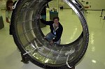JBF looking through a fuselage section, built for stress testing the friction-stir welding process.  